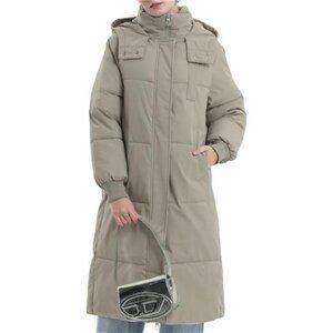 Long Puffer Jacket for Women, Khaki